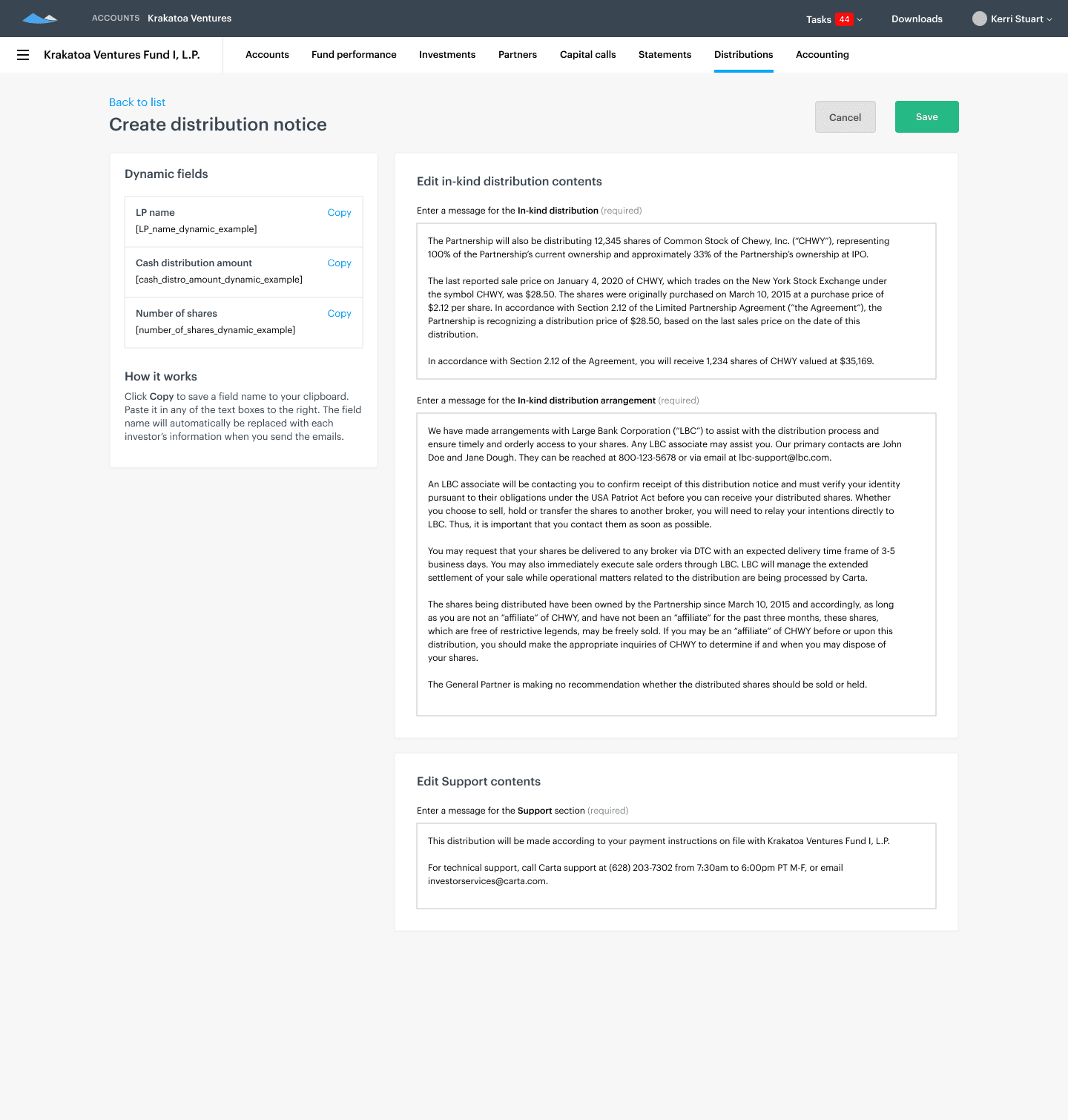 In-kind distribution content editor