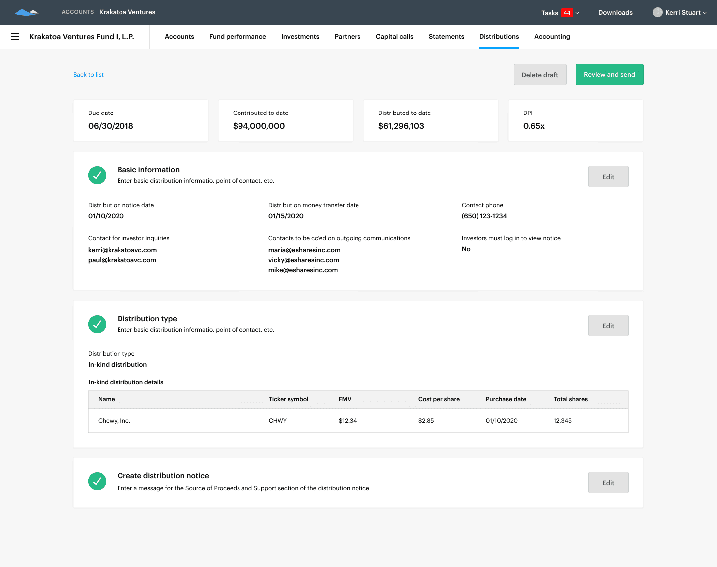 Distribution review flow with completed sections