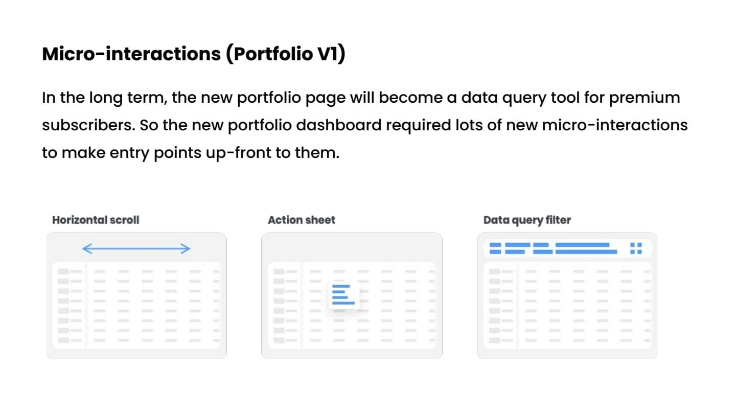 Micro interactions concept slide for portfolio dashboard phase one