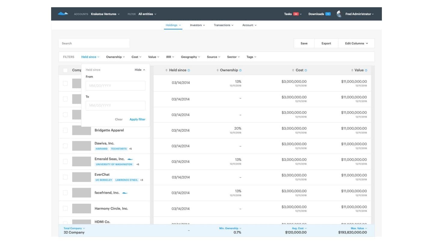 Portfolio holdings view with held-since filter interaction open