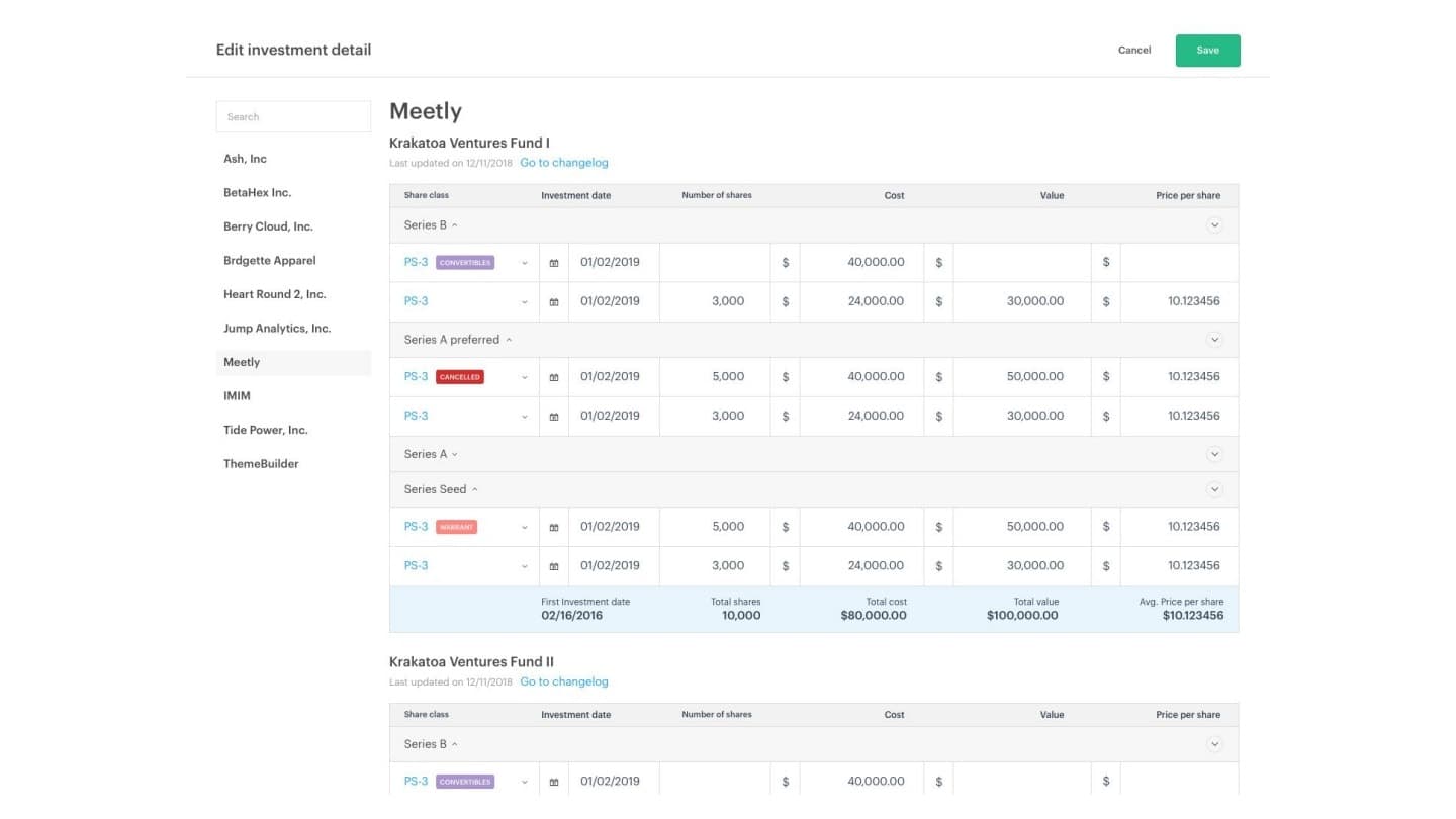 Edit investment detail screen in portfolio management workflow