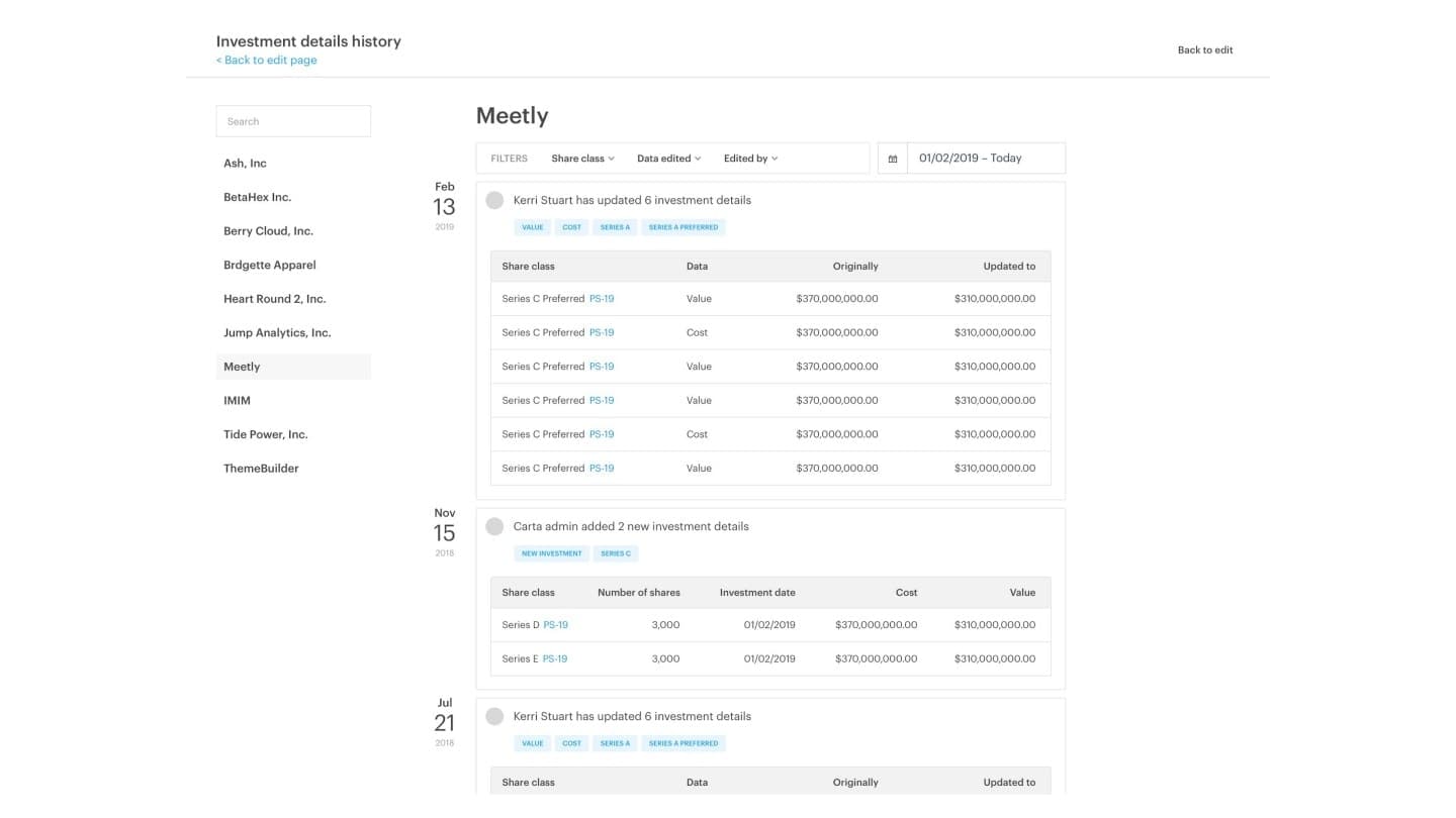 Investment details history timeline screen