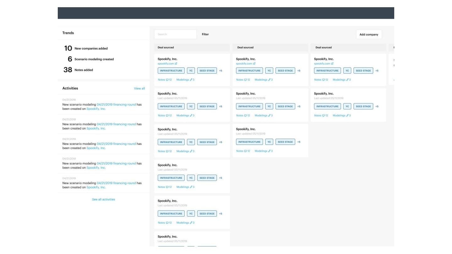 Investor CRM dashboard concept with trends, activities, and company cards