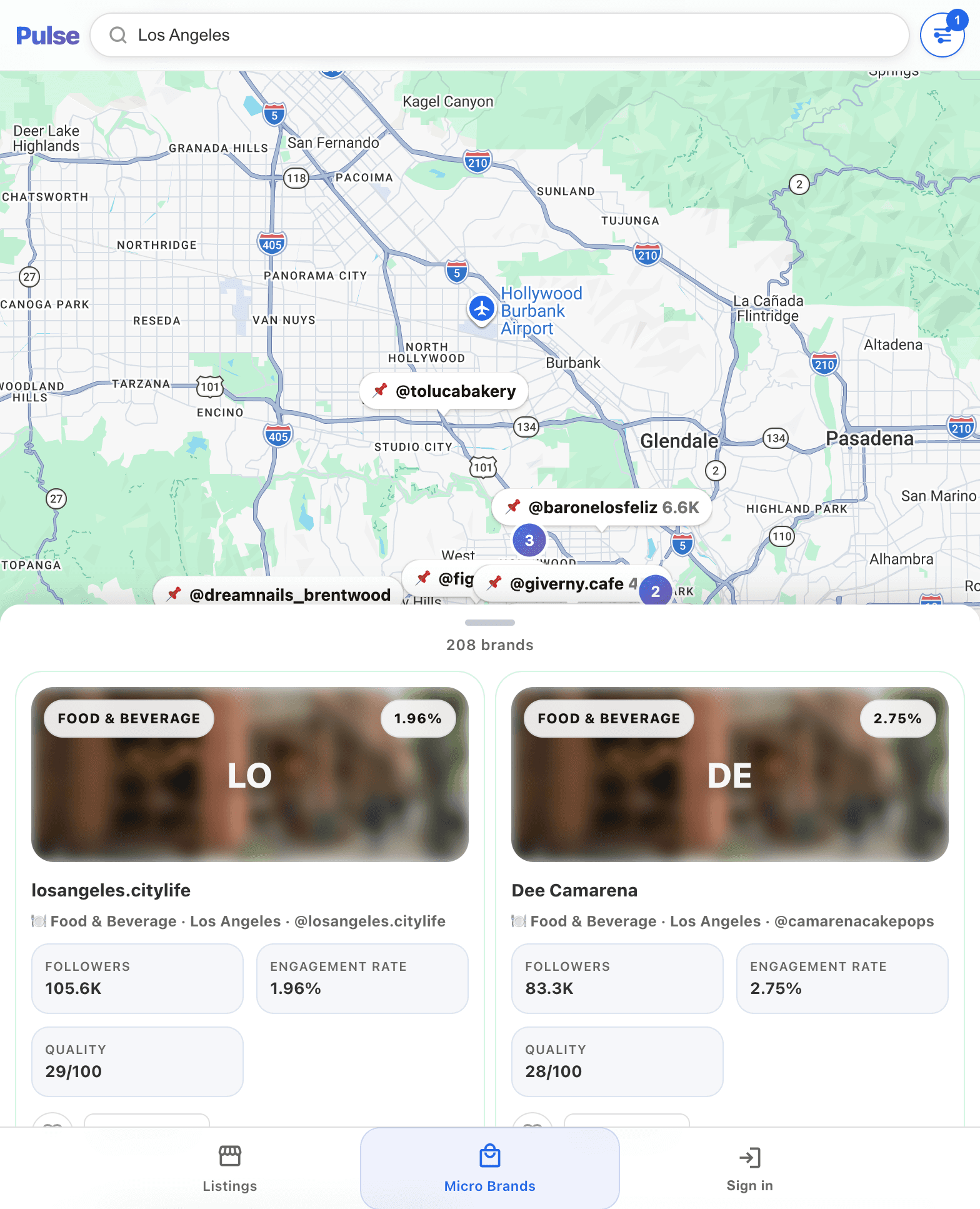 Pulse map view with micro brand listings
