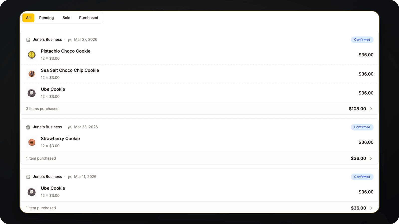 Sweetspot locally seeded order history with items, quantities, status, and totals