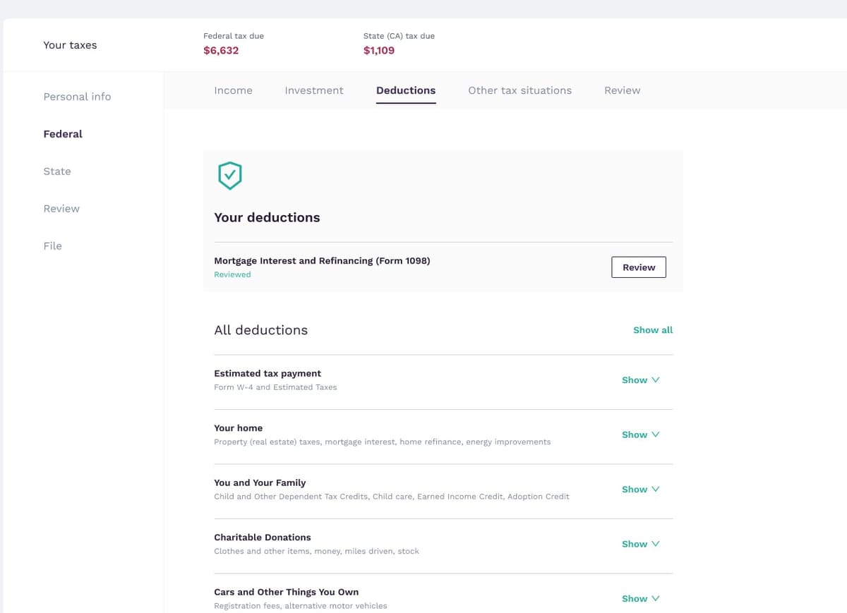 Deductions section with categorized tax inputs