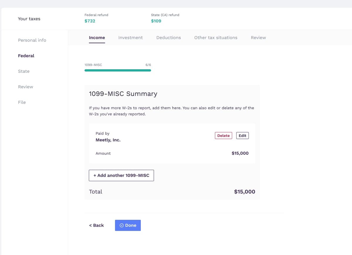 1099 income summary screen in tax return flow