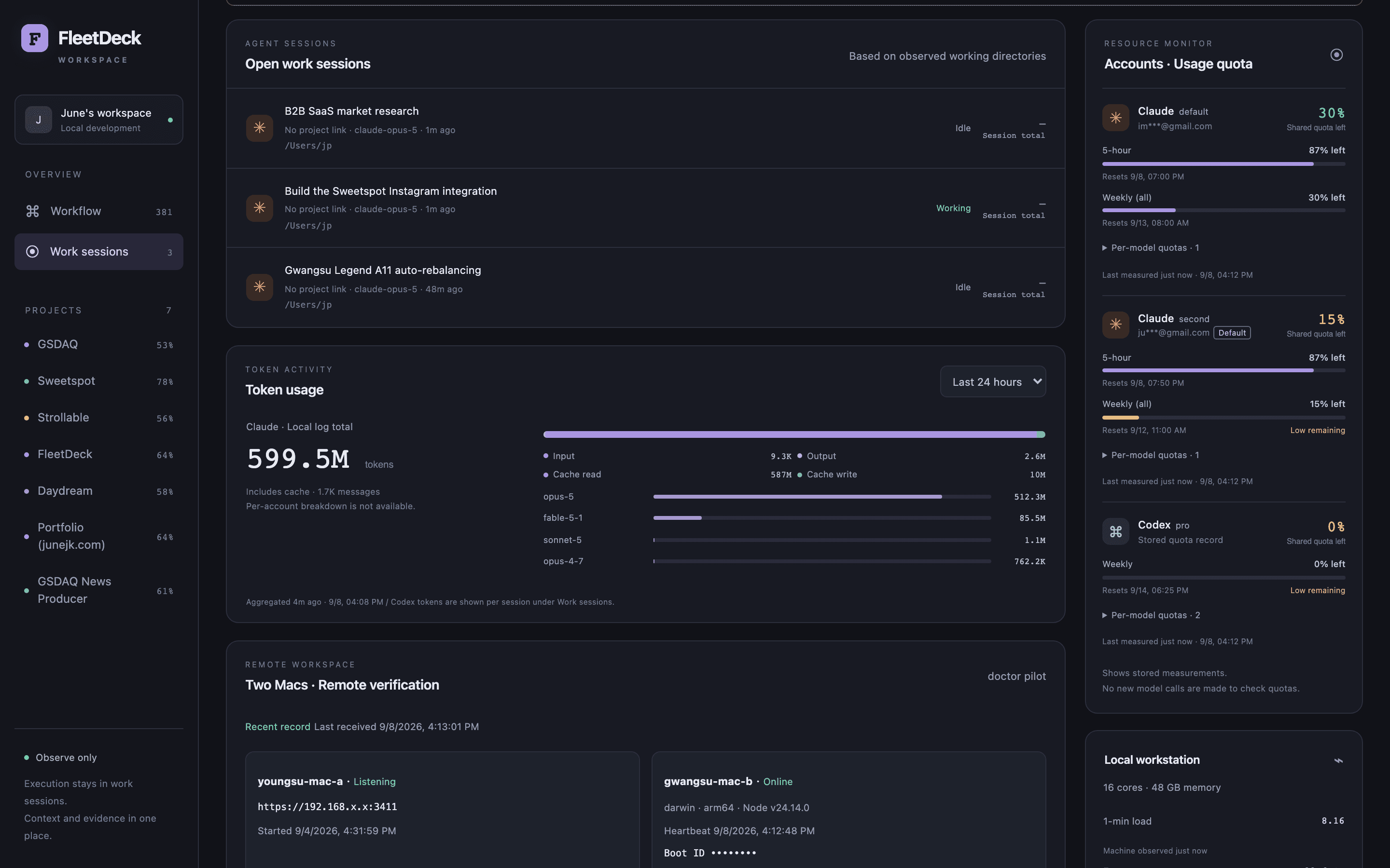 FleetDeck sessions view listing open coding sessions with model, last activity and status, next to token usage, account quota and local workstation panels